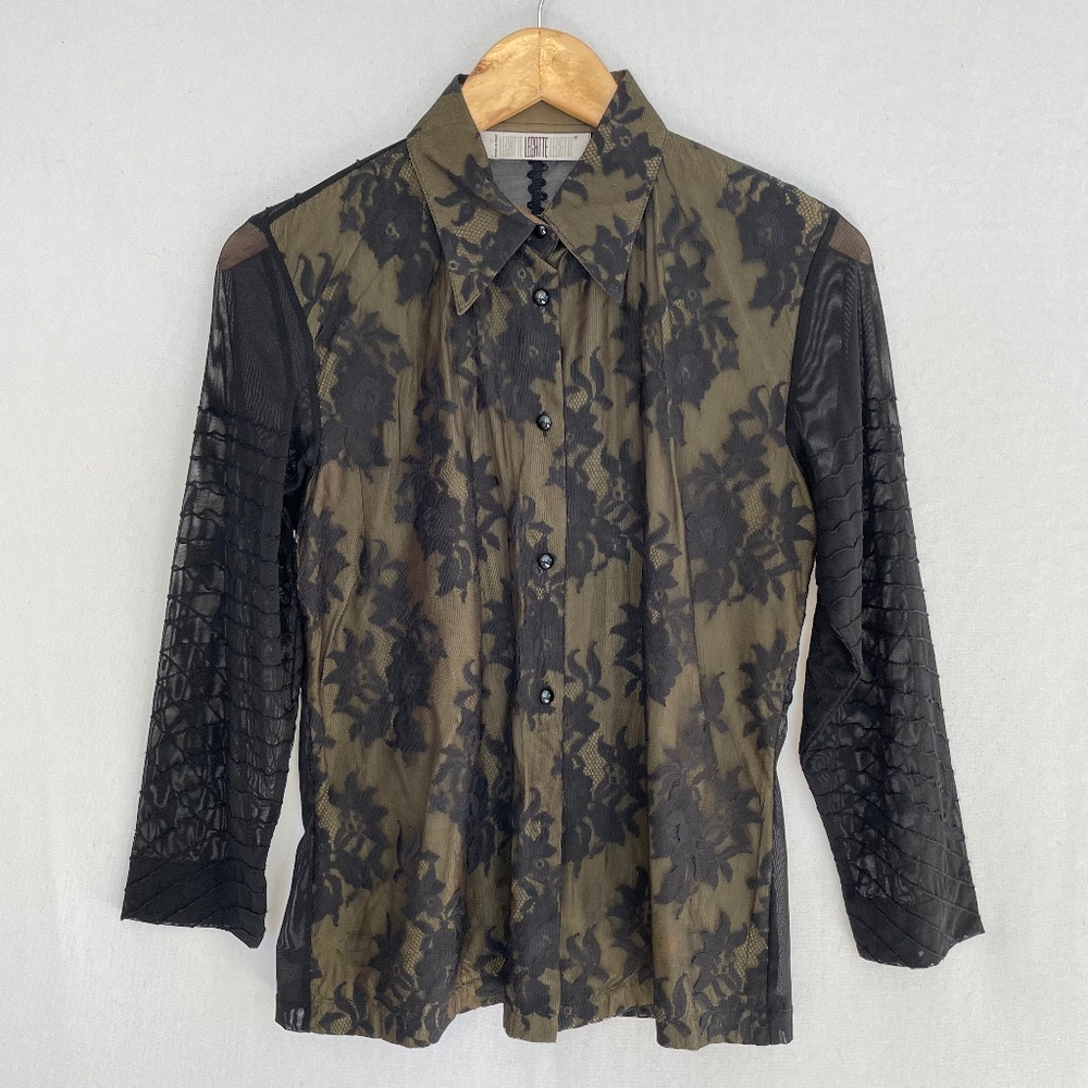 LEGATTE Women’s Small Embroidered Sheer Layered Mesh Button Front Shirt Flaw